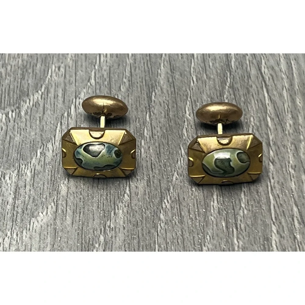 Antique HA & CO Gold Tone Green Stone Cufflinks Men's Vintage Jewelry